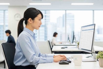 オフィスで働く日本人女性の事務員