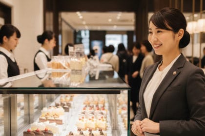 銀座の洋菓子店で、笑顔で接客する日本人女性