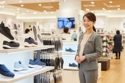 笑顔でシューズ店に立つ日本人女性スタッフ