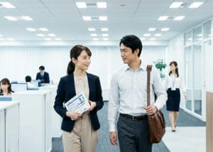 オフィス内を歩く男女のビジネスパーソン。女性は書類を抱え、男性はショルダーバッグを肩にかけている。彼らの後ろには、デスクで働く同僚たちがいる。